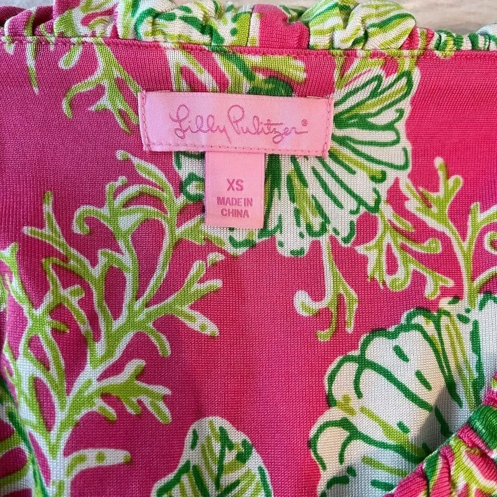 Lilly Pulitzer Clare Silk Blend Jersey Dress‎ Ruffle Pink Green Floral Size XS